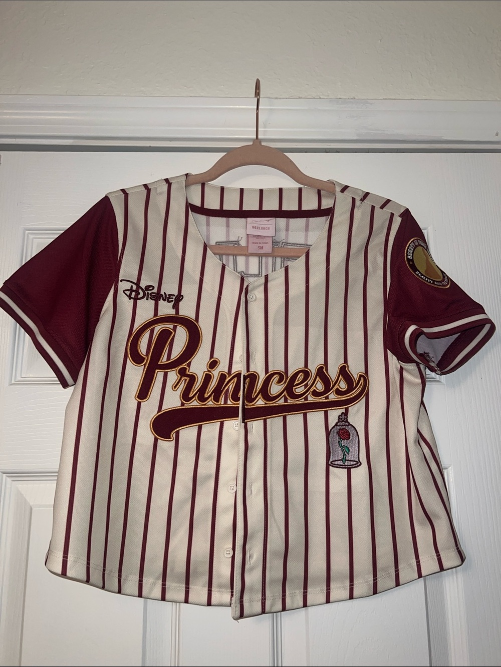 Disney Princess Belle Maroon-Striped Baseball Jersey Top Boxlunch